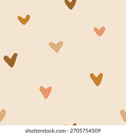 Simple cute hand painted little hearts, forming a minimalist romantic holiday pattern in neutral colors of brown, peach and cream on beige background. Valentine’s Day seamless vector pattern. 