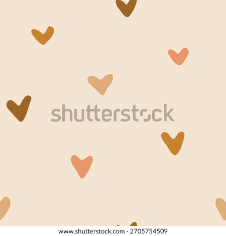 Simple cute hand painted little hearts, forming a minimalist romantic holiday pattern in neutral colors of brown, peach and cream on beige background. Valentine’s Day seamless vector pattern. 