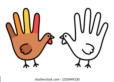Simple and cute hand print turkey drawing for Thanksgiving day. Color doodle and empty line art for coloring. Isolated vector clip art illustration.