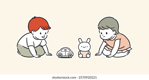 Simple and cute hand-drawn style illustration of children playing with rabbits and car toys