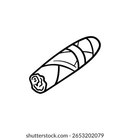 Simple cute hand-drawn vector doodle icon line illustration of a cigar with diagonal wrap lines and open rough end in minimalist black outline style on white background