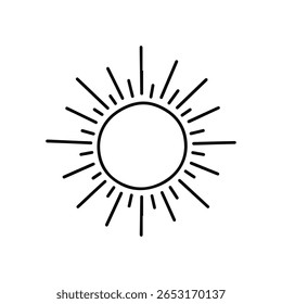 Simple cute hand-drawn vector icon illustration of a sun with solid black central circle and irregular radiating rays in minimalist doodle style on white background
