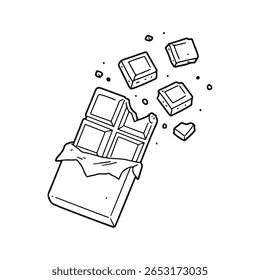 Simples bonito desenhado à mão ícone de vetor desenho de linha de uma barra de chocolate quebrada com pedaços quadrados e irregulares espalhados e migalhas em estilo de contorno preto minimalista em fundo branco