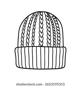 Simples bonito desenhado à mão ícone de vetor ilustração de linha de um gorro de malha com padrão de ponto vertical e borda dobrada com nervuras em estilo de contorno preto minimalista no fundo branco
