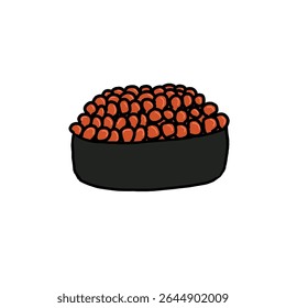 Um simples e bonito vetor desenhado à mão de ikura sushi com ovas de peixe laranja e envoltório de algas marinhas. Perfeito para ícones de comida japonesa, livros infantis e conteúdo de comida asiática.