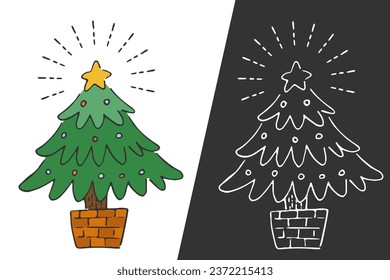 A simple, cute, hand-painted Christmas tree. Set of color and line drawings.