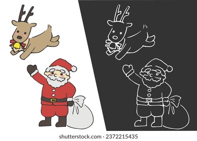 Simple, cute, hand-painted Santa Claus and his reindeer. Set of color and line drawings.