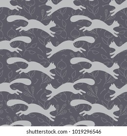 Simple cute high quality seamless pattern with running or jumping forest squirrel, ermine or wild cat for fabric, textile, card background, wrapping paper