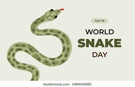 Simple cute horizontal banner for World Snake Day at 16th of July with cartoon slithering serpent and typography. Holiday concept for poster, background, card for awareness about importance of snakes.