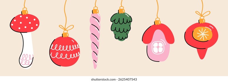 Simple cute horizontal minimal colorful set of Christmas tree decorations in retro style: fly agaric, ball, icicle, pine cone, house on light background; hand drawn illustration, drawing, flat style