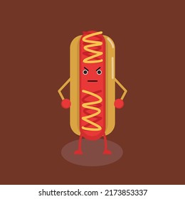 Simple y lindo personaje de hot dog con expresión furiosa en el fondo rojo