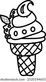simple cute an of ice cream, clean thick black and white outline only, easy to draw and for kids colouring book at age 5-10 years old
