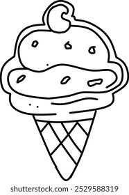 simple cute a ice crem, clean thick black and white outline only, kids colouring book for age 5-10 years old