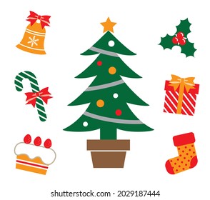 Simple and cute icon illustration set of Christmas tree and ornaments