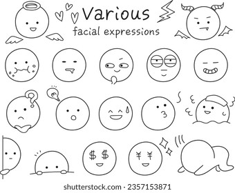Simple and cute icon set of various facial expressions. Black line drawing with hand-drawn touch.