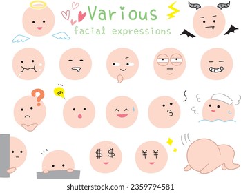 Simple and cute icons with various facial expressions. Colored flat design illustration.