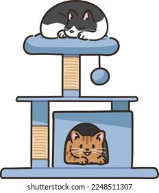 Simple and cute illustration of blue cat tower with adorable cats