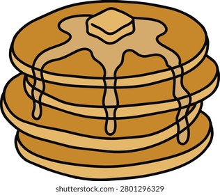 A simple and cute illustration of a breakfast stack of three pancakes topped with a pat of butter and sweet syrup dripping down the sides.