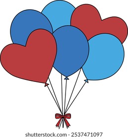 A simple and cute illustration of a bunch of red heart-shaped balloons and blue balloons