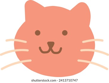 A simple, cute illustration of a cat's face with a smiling expression, whiskers, and ears in soft colors.