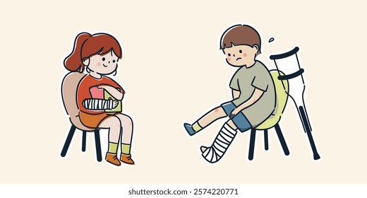 A simple and cute illustration of children with broken bones and casts.