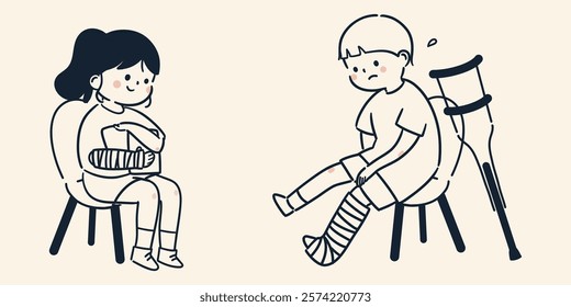 A simple and cute illustration of children with broken bones and casts.