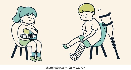 A simple and cute illustration of children with broken bones and casts.