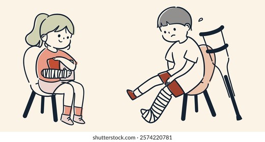 A simple and cute illustration of children with broken bones and casts.