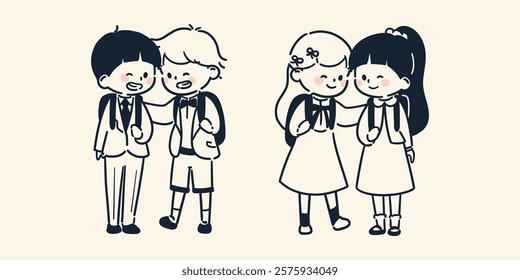 A simple and cute illustration of close boy friends smiling at each other while carrying school bags on their backs at the entrance ceremony.