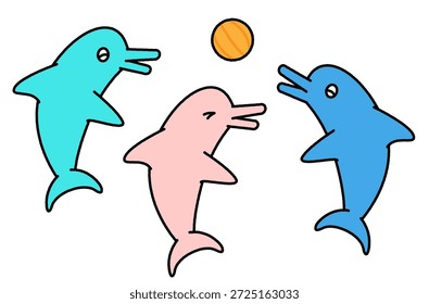 Eine einfache und niedliche Illustration eines Delfins, der durch einen Ring in einem Aquarium geht.