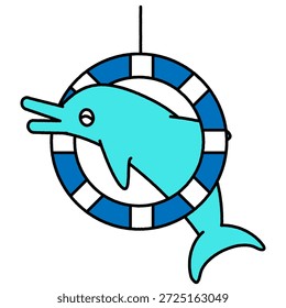 Una ilustración simple y linda de un delfín atravesando un anillo en un acuario.