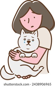 Simple cute illustration of a female owner caring for and petting a crying, sad and distressed white Shiba Inu in her arms_Protection dog.	