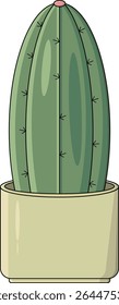Uma ilustração simples e fofa de um cacto verde com pequenos espinhos pretos, colocado em um vaso redondo bege. O cacto tem cristas verticais lisas e uma pequena ponta rosa no topo.