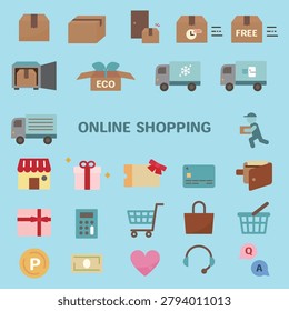 A simple and cute illustration set of online shopping and delivery icons in a flat design version.