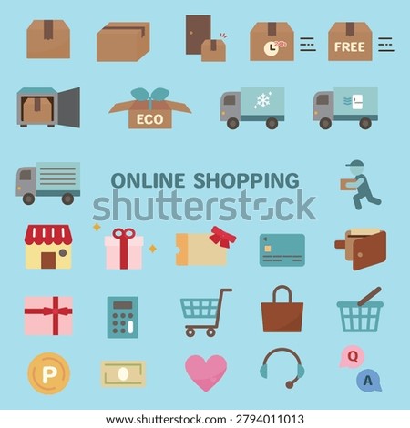 A simple and cute illustration set of online shopping and delivery icons in a flat design version.