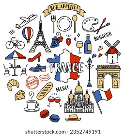 Simple and cute illustration set related to France (tricolor)