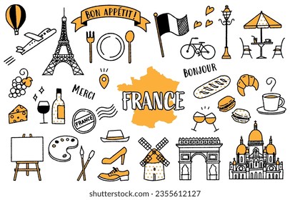 Simple and cute illustration set related to France (yellow)