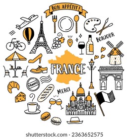 Simple and cute illustration set related to France (yellow)