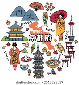 A Simple and Cute Illustration Set Related to Kyoto Prefecture (Colorful)

The Japanese characters mean "Welcome to Kyoto Prefecture, it's really delicious, heartwarming, and mean."