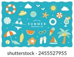 Simple cute illustration set of summer items.
These icons are related to summer vacation, tropical sea, beach, and travel.