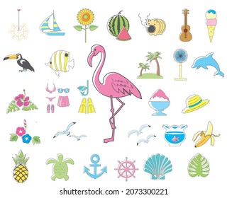 Simple and cute illustration set with summer image Main line yacht dolphin seagull sea turtle morning glory icon