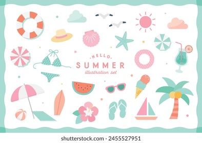 Simple cute illustration set of summer items.
These icons are related to summer vacation, tropical sea, beach, and travel.