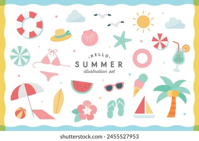 Simple cute illustration set of summer items.
These icons are related to summer vacation, tropical sea, beach, and travel.