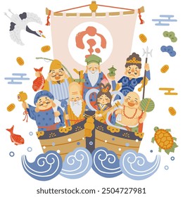 A simple and cute illustration of the Seven Lucky Gods and a treasure ship
The Japanese characters mean "treasure."