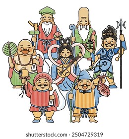 A simple and cute illustration of the Seven Lucky Gods