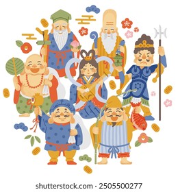 A simple and cute illustration of the Seven Lucky Gods