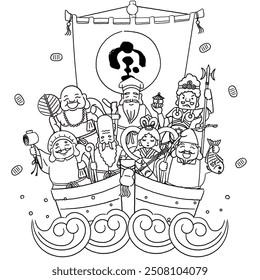 Simple and cute illustration of the Seven Lucky Gods and a treasure ship (line drawing)

The Japanese characters mean "treasure."