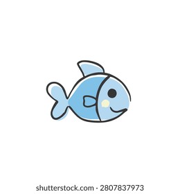 A simple and cute illustration of a small blue fish with a friendly face and rounded features in a hand drawn style