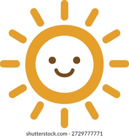 Una ilustración simple y linda de un sol estilizado con una cara feliz y sonriente en el centro e irradiando rayos naranjas. La Imagen tiene un fondo blanco puro.