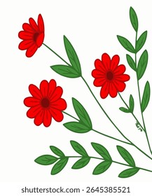 A simple, cute illustration of three red flowers with green leaves and stems, set against a plain white background